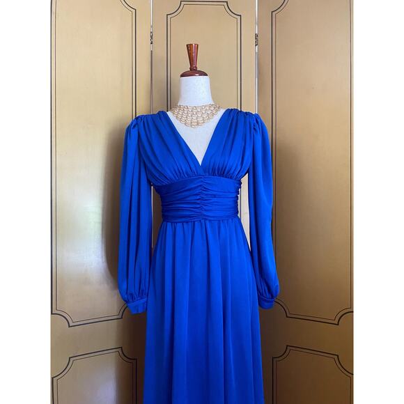Vintage maxi dress with gathered waist in cobalt blue, size M - Picture 1 of 9